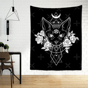 Katze, geheimnisvolle Wahrsagerei, Hexerei, Wandteppich, Wandbehang, Wandteppich, Baphomet, Okkultismus, Heimwand, schwarz, cooles Dekor, Katzenzirkel