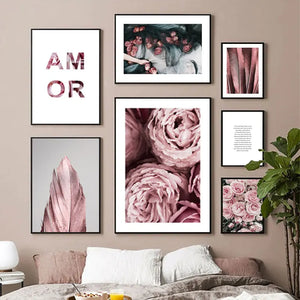Póster de símbolo escandinavo de amor, rosa, flor, pluma, estilo nórdico, arte de pared, pintura impresa en lienzo, decoración moderna para sala de estar