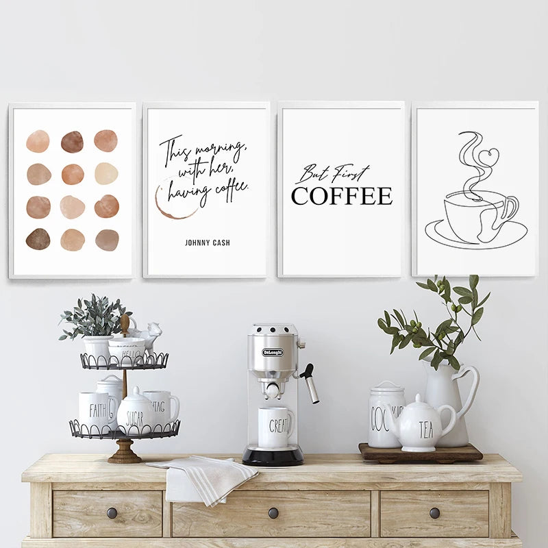 Abstraktes Kaffee-Strichzeichnungs-Poster, nordisches minimalistisches Schwarz-Weiß-Leinwandgemälde, Wand-Kunstdruck, Bilder, Küche, Café, Dekor