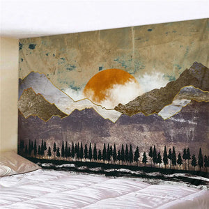 Tapiz de pared de estilo japonés, ballena pintada abstracta, puesta de sol, montaña, bosque, Hippie, tapiz de Mandala, paisaje, alfombra colgante para pared