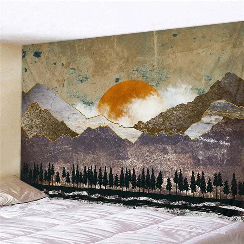 Style japonais tapisserie murale abstraite peint baleine coucher de soleil montagne forêt Hippie Mandala tapisserie paysage tenture murale tapis