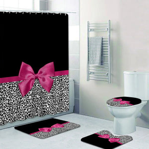 Rideau de douche et tapis de bain imprimé léopard, ruban rose Girly, ensemble moderne de rideaux de bain léopard guépard pour salle de bain, décoration de la maison