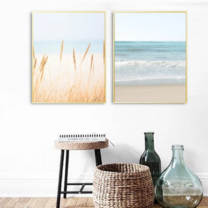 Coastal Wall Art Canvas Painting Pastel Beach Landscape Posters and Prints Pampas Grass Wall Pictures for Living Room Home Decor