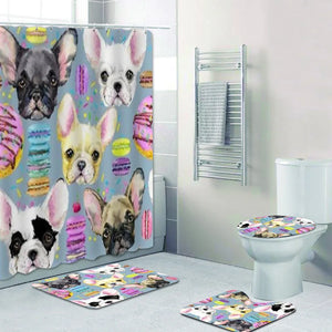 Cortinas de baño para cachorros de Bulldog Francés, color rosa, acuarela, cortina de ducha para niños, alfombra para baño con dibujos animados de postre dulce, alfombra para perros Frenchie