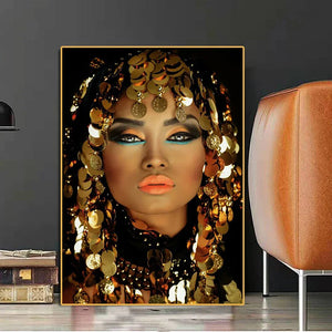 African Woman with Makeup Wearing Sequin Headscarf Canvas Painting Posters Scandinavian Wall Art Picture Living Room Home Decor