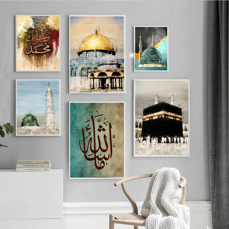 Cuadro sobre lienzo para pared carteles nórdicos e impresiones de imágenes de pared para sala de estar, escritura de la mezquita islámica, Ciudad Santa de Jerusalén