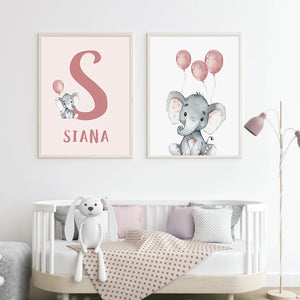 Affiche personnalisée en forme d'éléphant mignon avec nom de bébé, peinture sur toile, images murales imprimées, cadeau pour chambre de bébé, décoration de maison