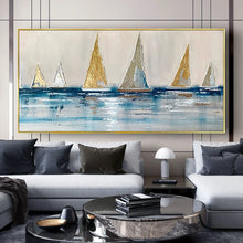 Load image into Gallery viewer, 100% Handpainted Oil Painting Golden Canvas Poster Modern Yellow Sailboat And Blue Ocean Wall Art Image Decor Home Living Room