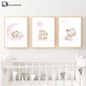 Orso rosa Luna Stella Bambino Poster Nursery Stampa Cartoon Animal Wall Art Canvas Pittura Nordic Kid Baby Room Decorazione Immagine