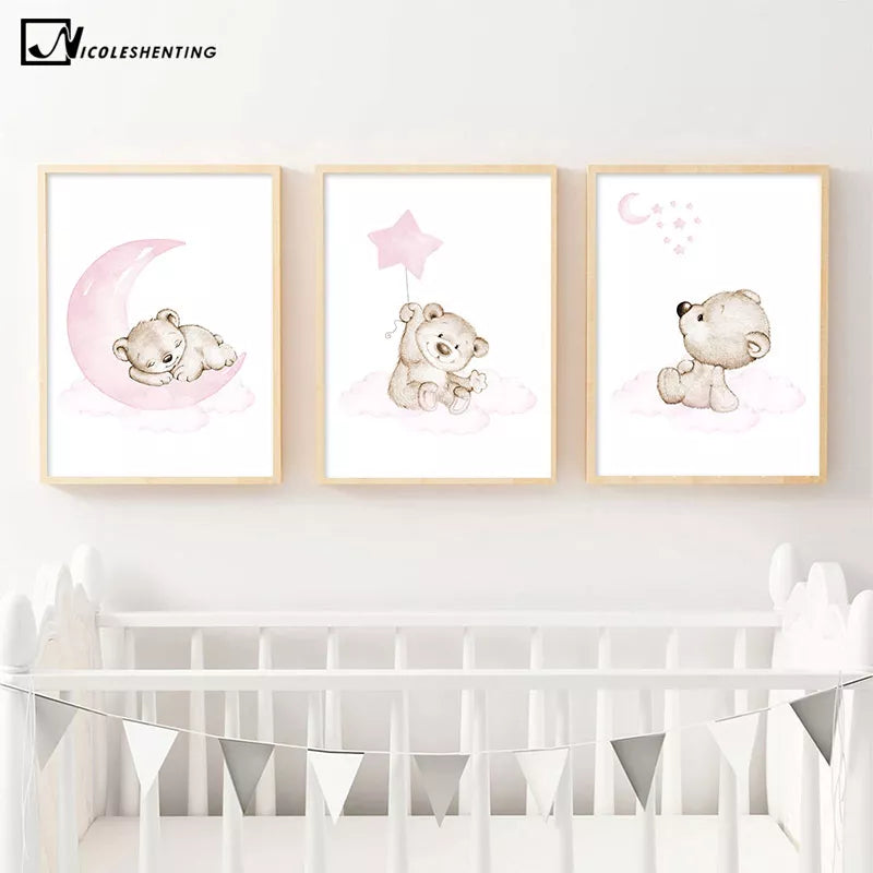 Pink Bear Moon Star Child Poster Nursery Print Cartoon Animal Wall Art Canvas Painting Nordic Kid Baby Room Decoration Picture