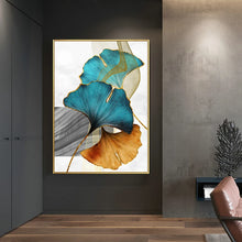 Cargar imagen en el visor de la galería, Pintura en lienzo de planta de hoja azul dorada, arte de pared abstracto moderno, póster e impresión de imágenes de Nordia para decoración del hogar y sala de estar