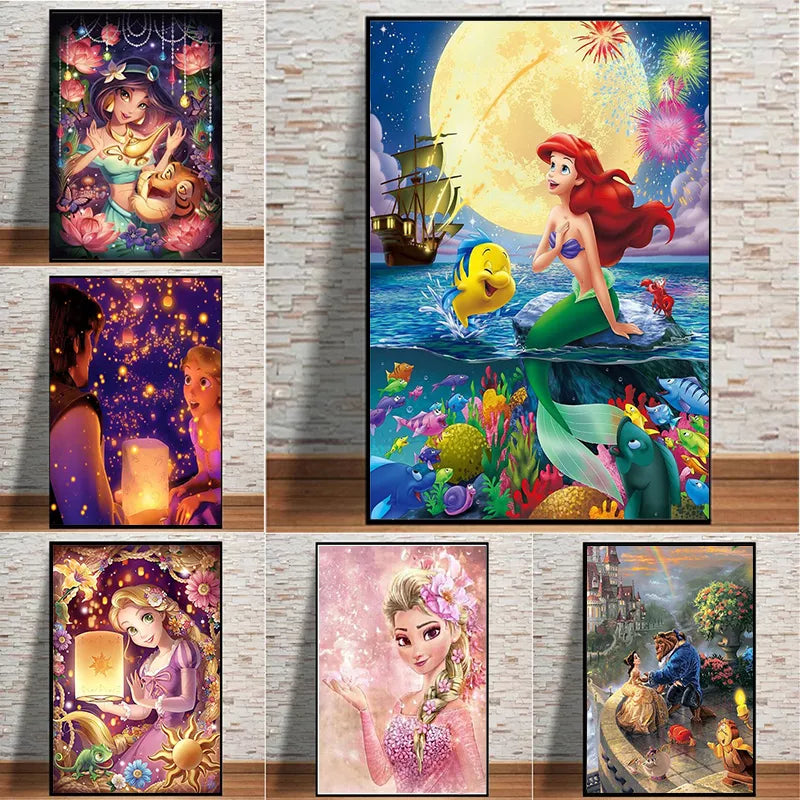 Pintura en lienzo de Disney para niños, imágenes de princesas de dibujos animados para decoración de pared, carteles e impresiones de La Sirenita Rapunzel enredados