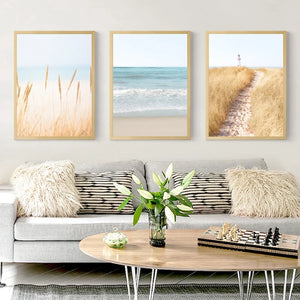 Coastal Wall Art Canvas Painting Pastel Beach Landscape Posters and Prints Pampas Grass Wall Pictures for Living Room Home Decor