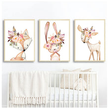 Laden Sie das Bild in den Galerie-Viewer, Babyzimmer Wandkunst Leinwand Bilder Kindergarten Drucke Blume Kaninchen Leinwand Malerei Waldtiere Poster Nordic Fox Deer Bild