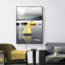 Carica l&#39;immagine nel visualizzatore della Galleria, Paesaggio moderno Poster Nero Giallo Pietra Barca Cervo Wall Art Tela Pittura Nordic Stampa Immagini murali Decorazione del soggiorno