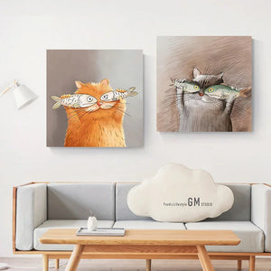 Cuadro sobre lienzo para pared moderno nórdico, carteles e impresiones de gato de dibujos animados con peces para decoración del hogar de habitación de niños