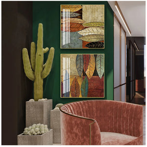 Cuadro de arte de pared cuadrado para sala de estar, pintura en lienzo de hojas coloridas abstractas HD, estampado de plantas de Retro verde, decoración de moda