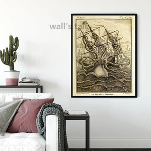 The Colossal Octopus Vintage Poster Canvas Painting Le Poulpe Colossal 1801 Retro Prints Kraken Sea Monster Picture Wall Decor
