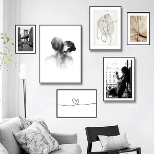 Affiche de figurine de ligne abstraite, toile d'art mural, peinture minimaliste rétro noir et blanc, décoration de maison, images d'arrière-plan de chambre à coucher