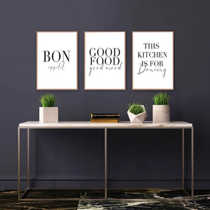 Minimalist Good Food Good Mood Bon Appetit Quotes Canvas Painting Black White Wall Art Poster Print Pictures Kitchen Home Decor