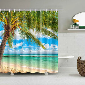 1 pieza de cortinas de ducha de plantas tropicales verdes para baño, cortina de ducha de poliéster Seaworld, cortina estampada, cortinas de ducha de playa