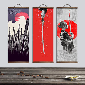 Samurai japonés Ukiyoe para carteles e impresiones en lienzo, pintura decorativa, arte de pared, decoración del hogar con rollo colgante de madera maciza