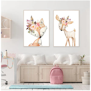 Cuadros artísticos en lienzo para pared de habitación de bebé, impresiones para guardería, pintura en lienzo de conejo y flores, póster de animales del bosque, imagen de ciervo y zorro nórdico
