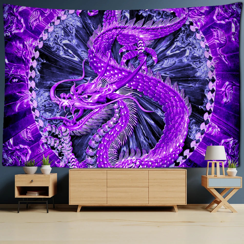 Tapisserie murale suspendue de château de dessin animé Violet Loong Dragon Totem, couvre-lit, Tapis de plage, décoration de maison, Art