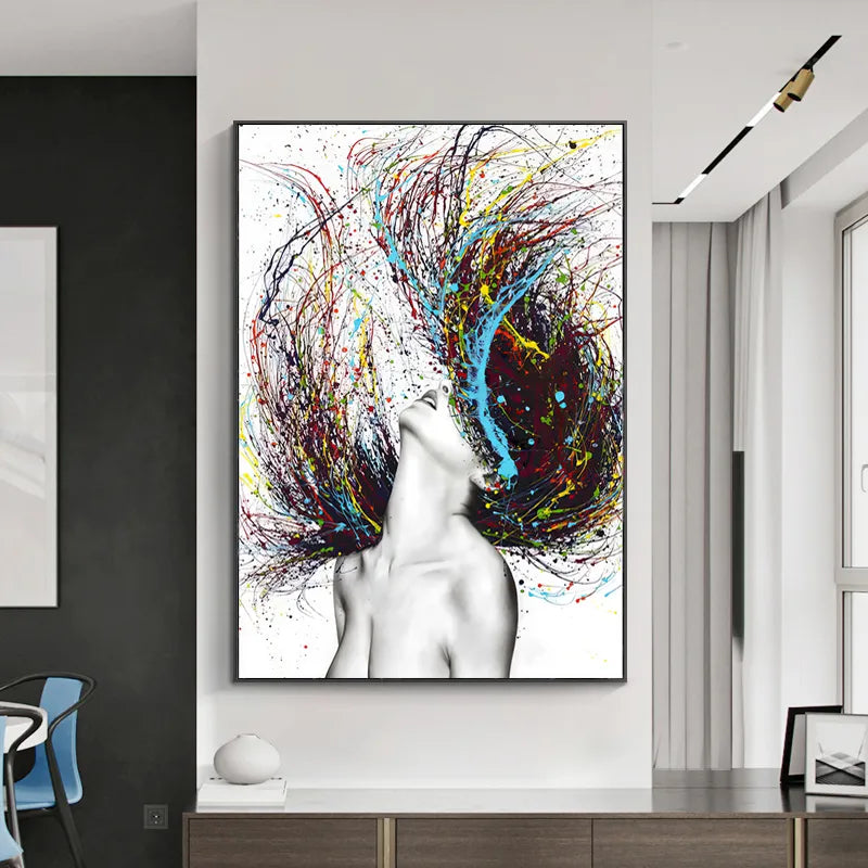 Arte de pared abstracto moderno, pintura en lienzo de pelo colorido para mujer, carteles e impresiones de imágenes en la pared para decoración del hogar y la sala de estar