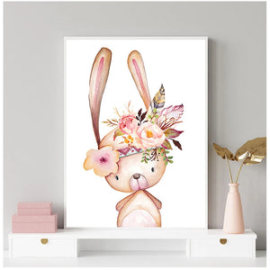 Baby Room Wall Art Canvas Pictures Nursery Prints Flower Rabbit Canvas Painting Woodland Animals Poster Nordic Fox Deer Picture