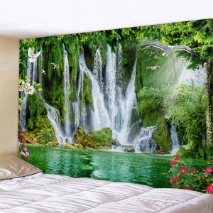 Hermoso tapiz de cascada natural con estampado de bosque, paisaje marino hippie, tapiz de pared bohemio, decoración de pared con mandala