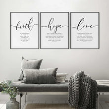 Laden Sie das Bild in den Galerie-Viewer, Bibelvers-Poster und Drucke, Glaube, Hoffnung, Liebe, Wandkunstdruck, christliche Zitate, Leinwandgemälde, Wohnzimmer-Poster an der Wand
