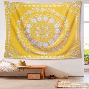 Arazzo mandala bohémien, appeso a parete, fiori infiniti gialli, tappeti da parete hippie, arredamento dormitorio, arazzo psichedelico