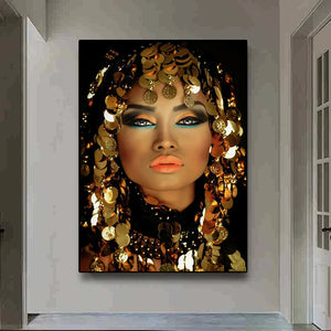 Mujer africana con maquillaje con pañuelo de lentejuelas, pintura en lienzo, carteles, arte de pared escandinavo, imagen para decoración del hogar y la sala de estar