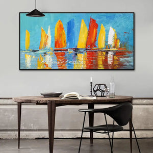 Arthyx Hand Made Texture Abstract Boat Landscape Oil Painting On Canvas,Modern Wall Art,Pictures For Living Room,Home Decoration