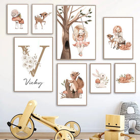 Пользовательский плакат с именем ребенка, персонализированный настенный художественный принт для детской комнаты, мультяшная картина на холсте, кролик, олень, лиса, грибы, Декор