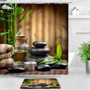 Cortinas de ducha Zen de orquídeas moradas, juego de alfombrillas de baño de bambú verde, piedra negra, Spa, paisaje de jardín, decoración de puerta para el hogar, alfombra para el baño