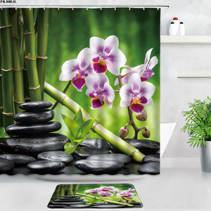 Purple Orchid Zen Shower Curtains Bath Mats Set Green Bamboo Black Stone Spa Garden Scenery Home Decor Door Mat Bathroom Carpet