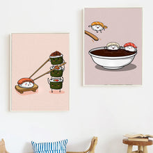 Cargar imagen en el visor de la galería, Póster de Sushi con dibujos divertidos, impresión de alimentos japoneses, Sushi en bicicleta, pintura en lienzo, cocina, restaurante, imágenes artísticas de pared, decoración del hogar