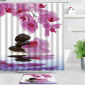 Purple Orchid Zen Shower Curtains Bath Mats Set Green Bamboo Black Stone Spa Garden Scenery Home Decor Door Mat Bathroom Carpet