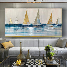 Load image into Gallery viewer, 100% Handpainted Oil Painting Golden Canvas Poster Modern Yellow Sailboat And Blue Ocean Wall Art Image Decor Home Living Room