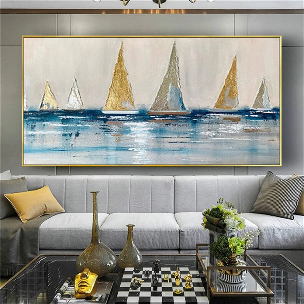100% Handpainted Oil Painting Golden Canvas Poster Modern Yellow Sailboat And Blue Ocean Wall Art Image Decor Home Living Room