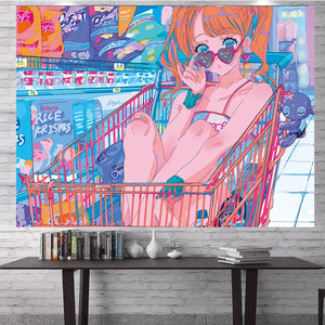 Tapiz colgante de pared Kawaii para el hogar, tapiz de Chica de anime, decoración de fondo de pared para dormitorio, tapices de mujer a la moda, color rosa