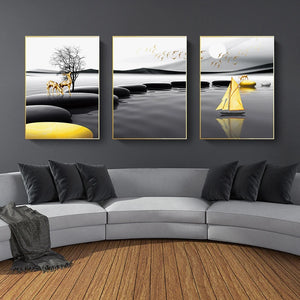 Modern Landscape Poster Black Yellow Stone Boat Deer Wall Art Canvas Painting Nordic Print Wall Pictures Living room Decoration