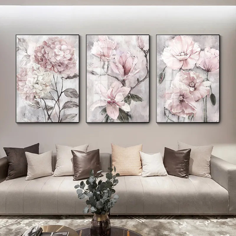 Blumen-Wand-Kunst-Leinwandgemälde, rosa Blumen-Poster und Druck für nordisches Badezimmer, Wohnzimmer, Heim-Wand-Dekor, Bilder, Bauernhaus