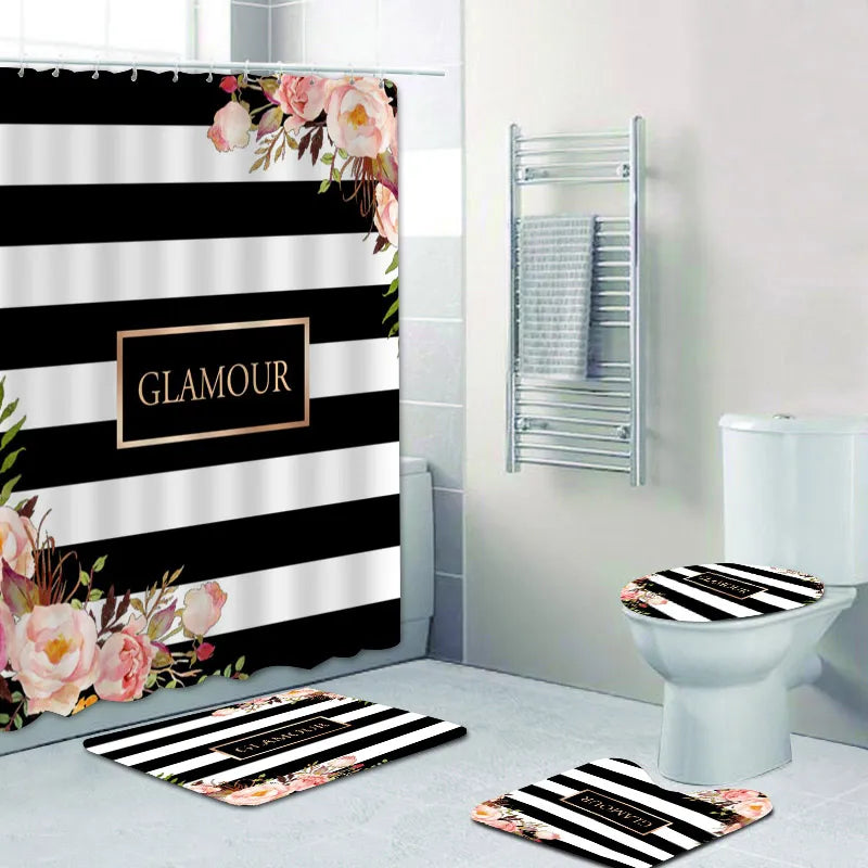 Elegante conjunto de cortina de ducha Floral de rayas blancas y negras, elegante cortina de baño personalizada para alfombras de baño, decoración del hogar para bañera