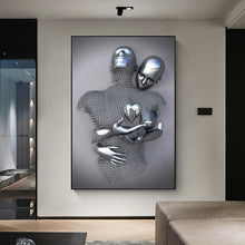 Load image into Gallery viewer, 3D Love Heart Grey Art Painting on Canvas Metal Figure Statue Art Posters and Prints Wall Pictures for Living Room Home Decor