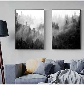 Affiches murales d'art de forêt en noir et blanc, imprimés naturels, peinture sur toile de paysage de forêt brumeuse, décor de salon