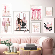Cargar imagen en el visor de la galería, Moda chica tacones altos lápiz labial Perfume carteles nórdicos e impresiones cuadro sobre lienzo para pared cuadros para decoración para sala de estar