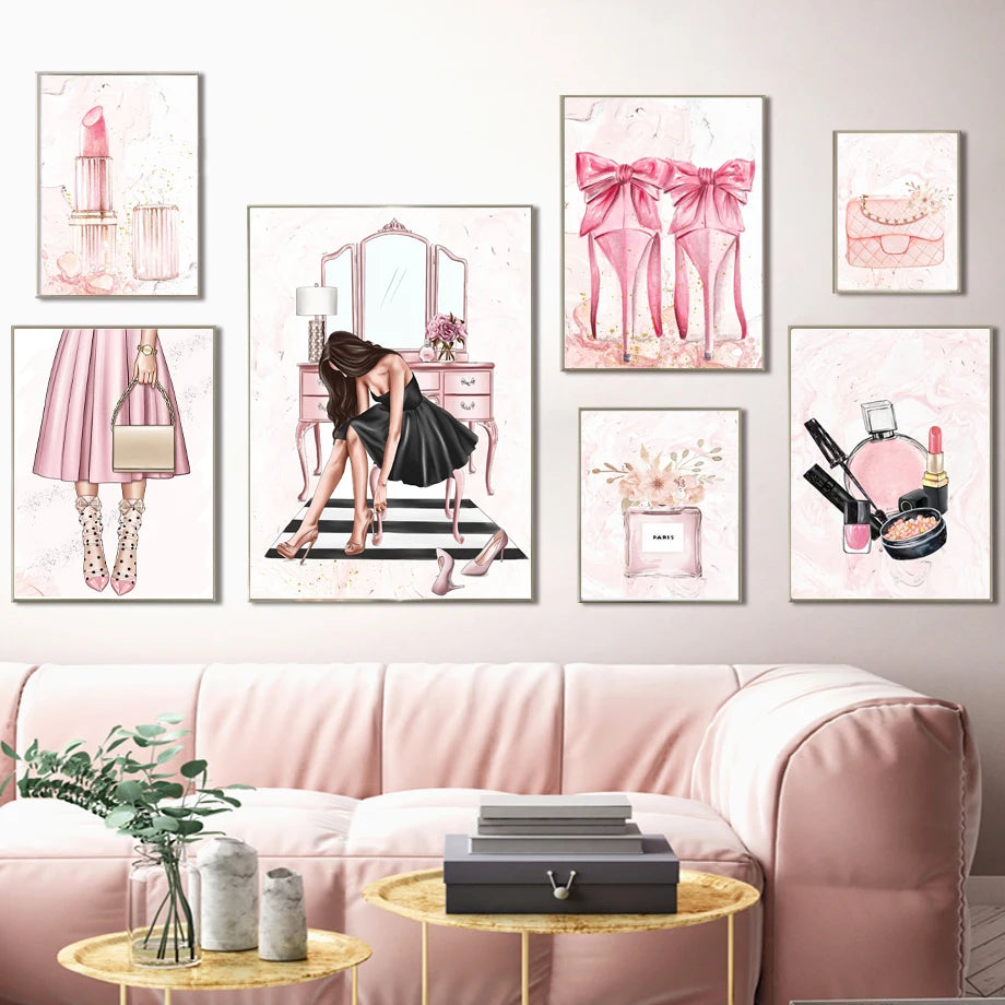 Moda chica tacones altos lápiz labial Perfume carteles nórdicos e impresiones cuadro sobre lienzo para pared cuadros para decoración para sala de estar